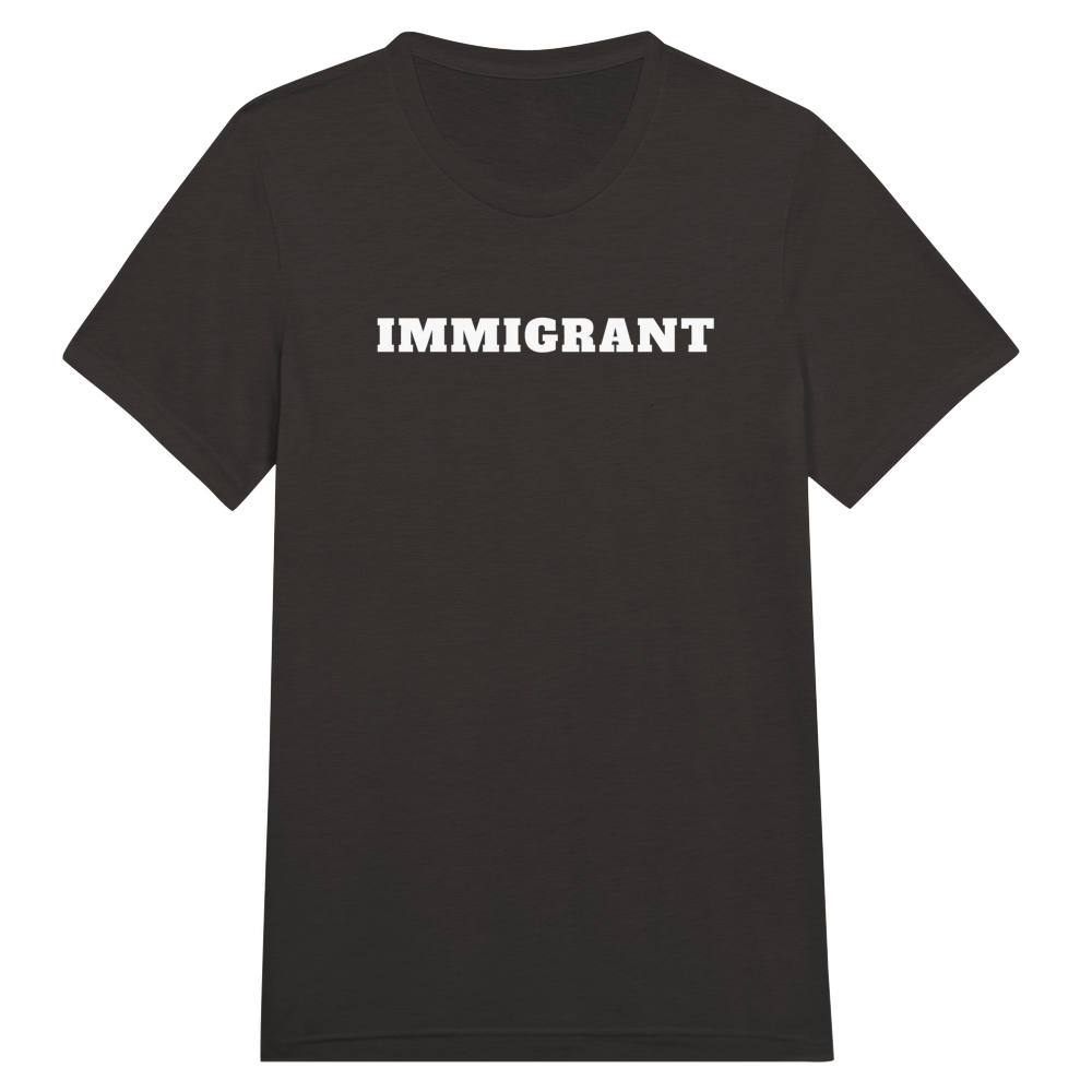 Black t-shirt with 'IMMIGRANT' printed in white on a white background