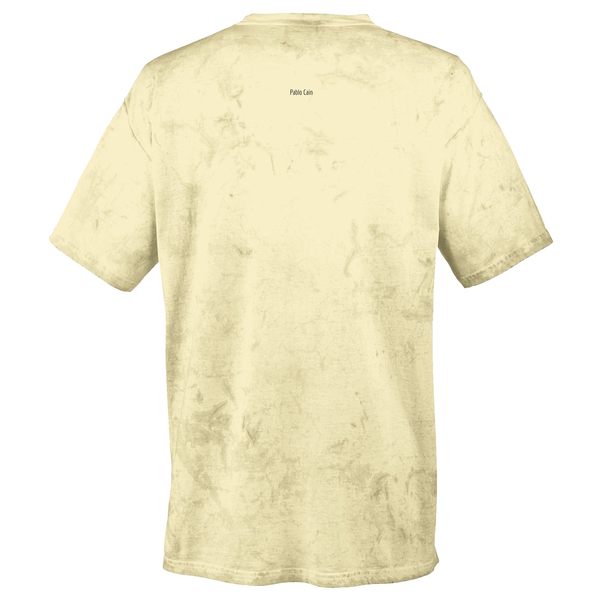 Unisex Tie-Dye Crewneck in citrine color Back View, shows Pablo Cain logo,