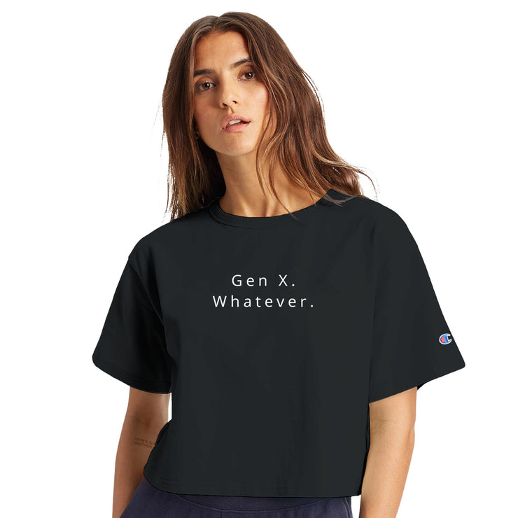 Gen X Whatever Women's Tee in black, featuring retro graphic design and humorous text, perfect for stylish casual wear.