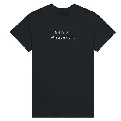 Gen X Whatever Women's Tee in black with retro graphic design featuring the text 'Gen X. Whatever.'