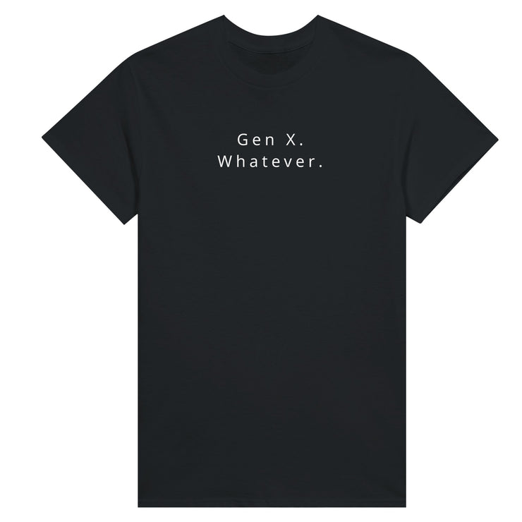 Gen X Whatever Women's Tee in black with retro graphic design featuring the text 'Gen X. Whatever.'