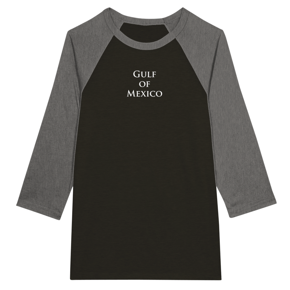 Black and gray baseball shirt with 'Gulf of Mexico' text on a white background